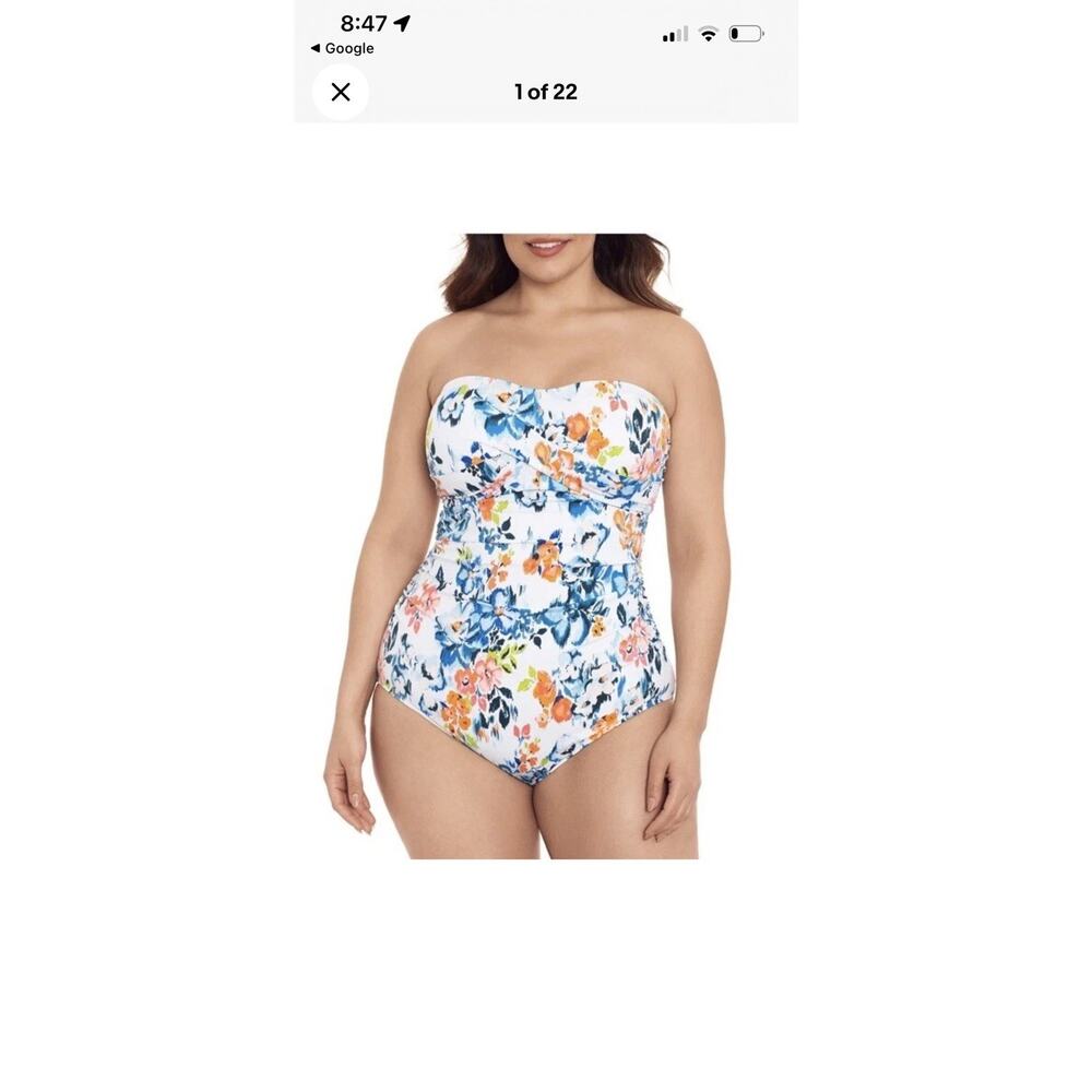 NWT Women's Time and Tru Blurred Botanics Bandeau One Piece Swimsuit 3X